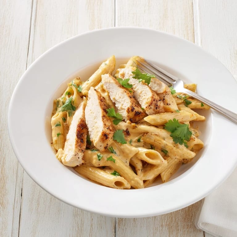 A close-up of Honey Chipotle Chicken Pasta with seared chicken slices and melted Parmesan.  