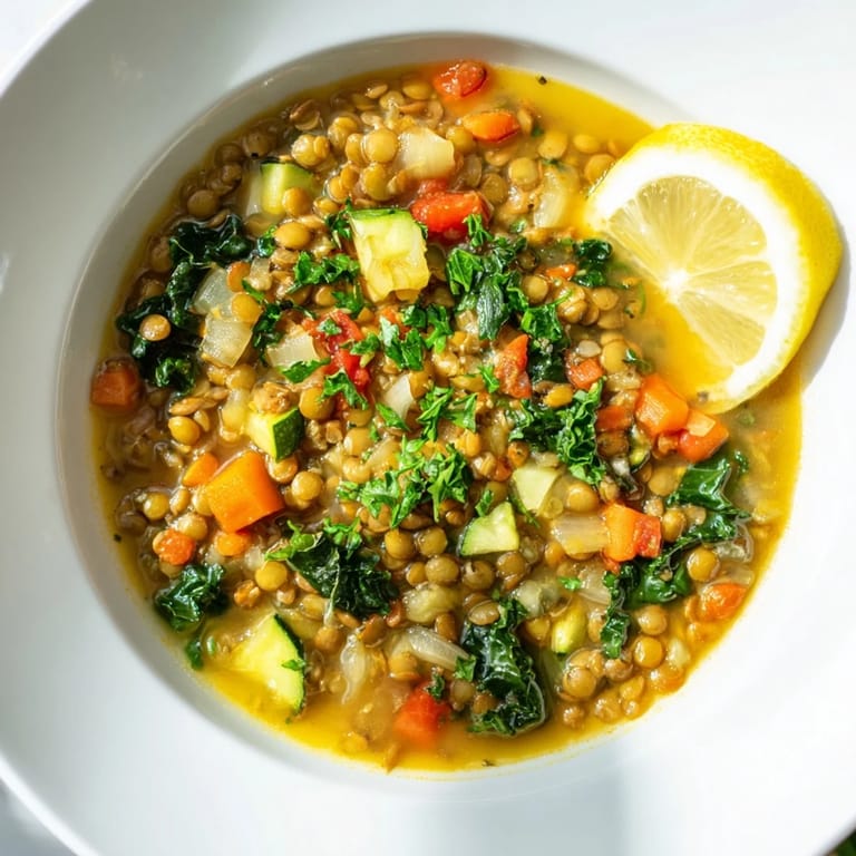 Earthy brown lentils and vibrant chopped vegetables simmer in a hearty broth, a nourishing, vegan-friendly Lentil and Vegetable Soup.