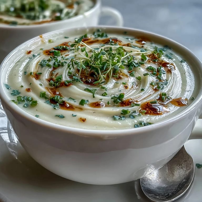 Elegant Celery Root Bisque, smooth soup with a delicate flavor, ready for dinner guests.