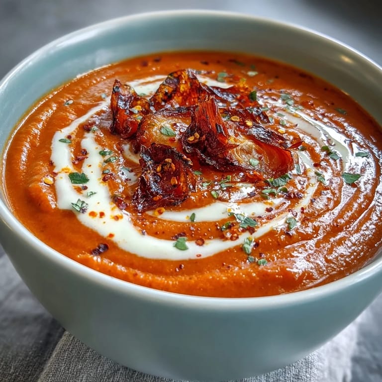 Creamy roasted red pepper soup with a swirl of crème fraîche, inviting warmth.