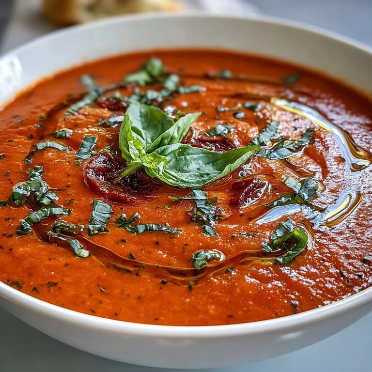 Comforting {{Tomato and Basil Soup}} drizzled with olive oil, perfect for a cozy meal.