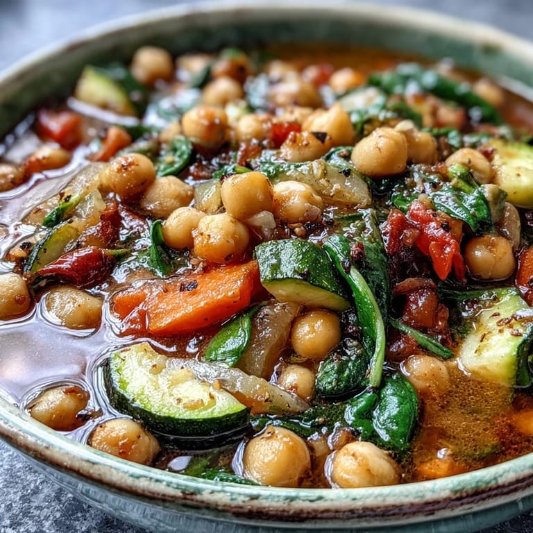 Vibrant vegan Chickpea Stew featuring tender chickpeas and fresh vegetables, garnished with parsley and a side of crusty bread for dipping.