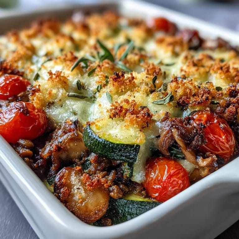 Steaming bowl of Green Lentil and Vegetable Casserole featuring colorful carrots, zucchini, and red peppers.