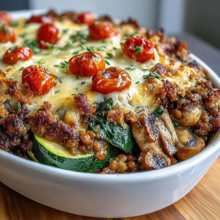 Bubbling Green Lentil and Vegetable Casserole topped with melted Parmesan and golden gluten-free breadcrumbs.