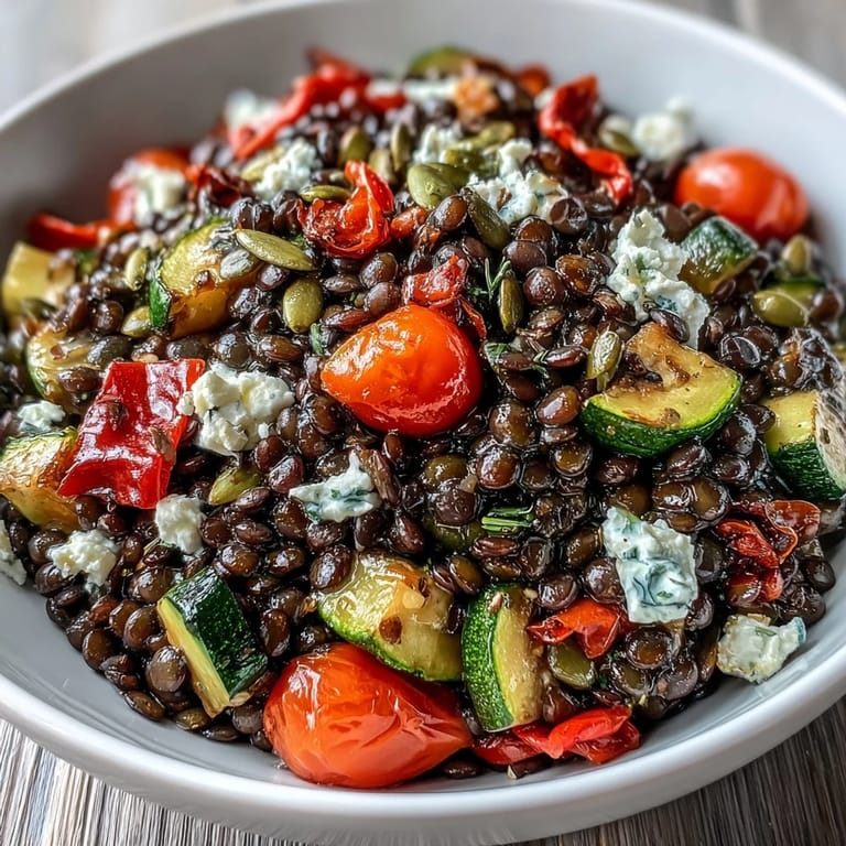 The roasted vegetable Black Lentil Salad served in a rustic bowl with extra seeds and fresh parsley garnish.