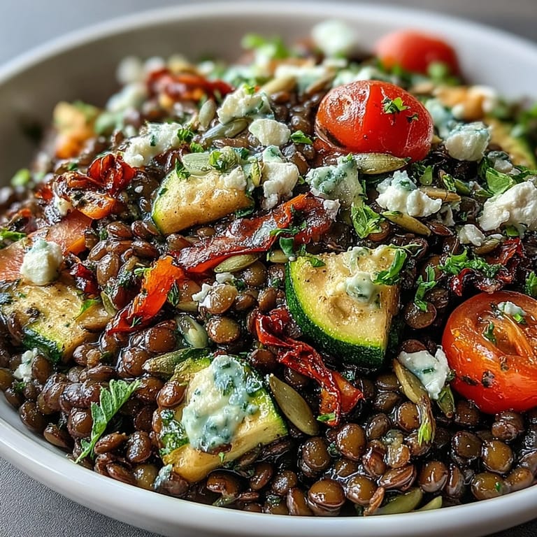 Spoon lifting a colorful portion of the Black Lentil Salad with roasted zucchini, red peppers, and cherry tomatoes.
