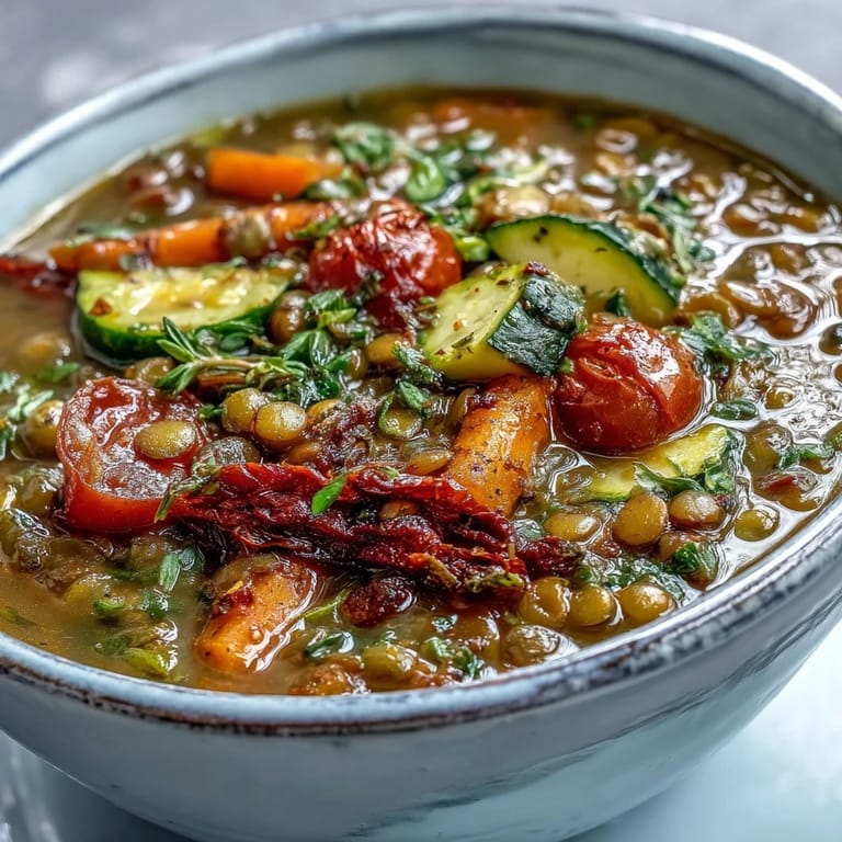 Healthy and comforting, this vegan Lentil and Vegetable Soup is garnished with fresh parsley and a lemon wedge for brightness.