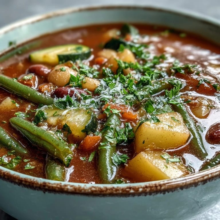 A rustic pot of Minestrone Vegetable Soup brimming with colorful vegetables, beans, and greens next to a slice of crusty bread.