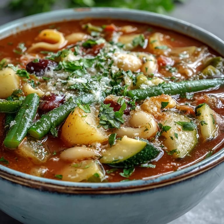 Italian-style Minestrone Vegetable Soup in a white bowl, featuring tender zucchini, carrots, and beans in a rich broth.