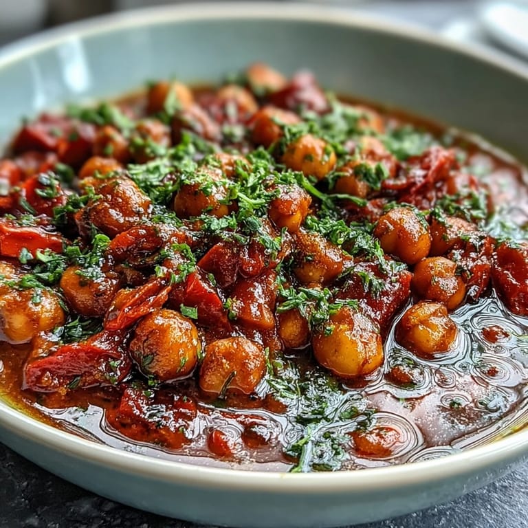 Close-up of Spicy Chickpea Stew, showing tender chickpeas and aromatic spices in a rich tomato broth.