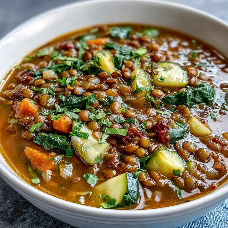 Hearty lentil soup simmering in a pot with carrots, celery, and fresh spinach.