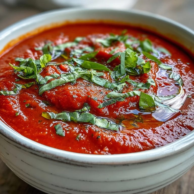 Tomato and Basil Soup served hot in a white bowl, topped with olive oil drizzle and basil, ready for a cozy meal.