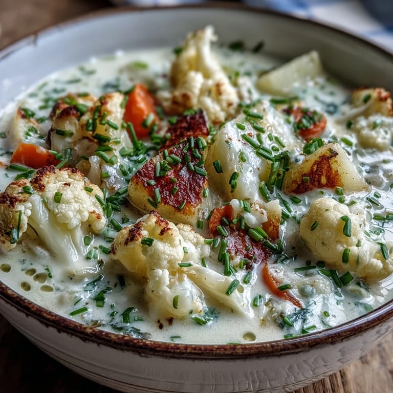 Creamy Vegetarian Cauliflower Chowder topped with cheddar and parsley served alongside crusty artisan bread.