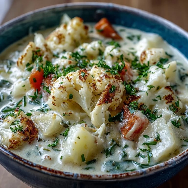 A spoon scoops into rich Vegetarian Cauliflower Chowder revealing tender carrots and potatoes in the broth.