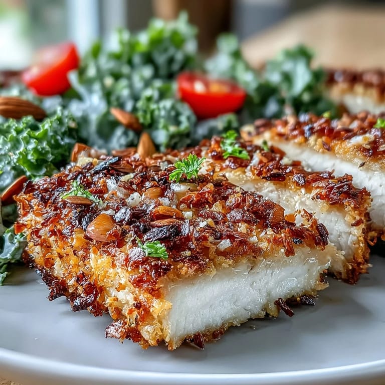 A rustic plate of Almond-Crusted Chicken rests next to a bowl of marinated kale, cherry tomatoes, and red onions.