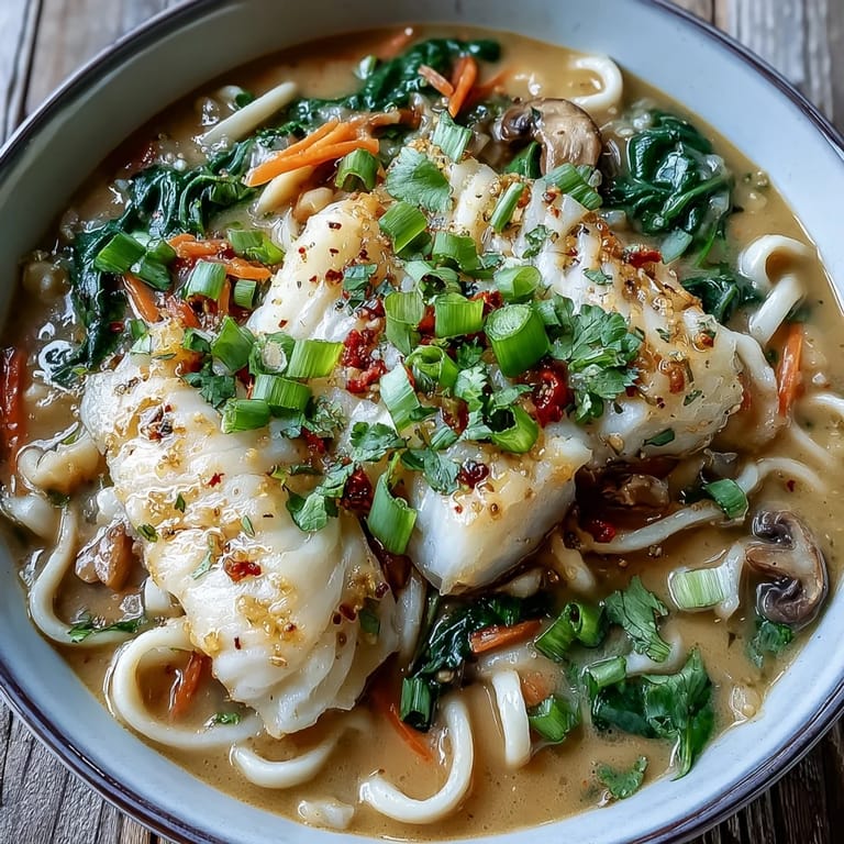 Flaky poached cod rests over udon noodles in a warmly spiced coconut broth with lime and scallions.