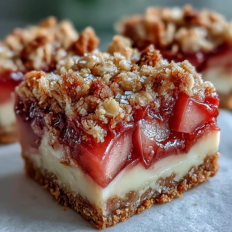 Golden, buttery crumble tops these Rhubarb and Custard Crumble Bars, served on a plate beside a steaming cup of tea.