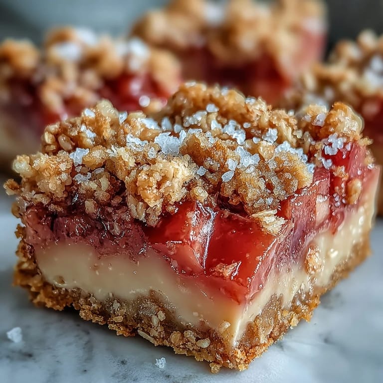 Vivid pink rhubarb and smooth vanilla custard layer baked into crumble bars, set on a farmhouse kitchen counter for spring.