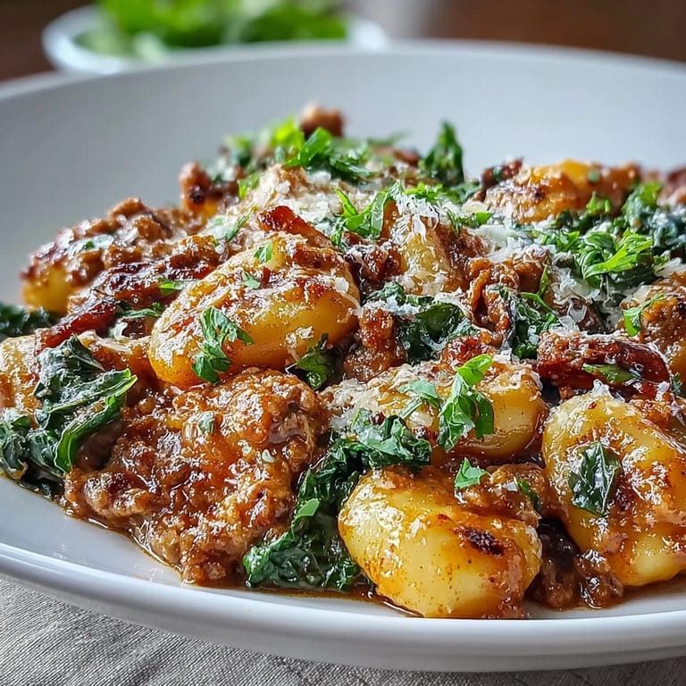 Steaming Sausage Gnocchi with Kale plated beside Parmesan and fresh basil, a hearty Italian-inspired weeknight dinner for four.