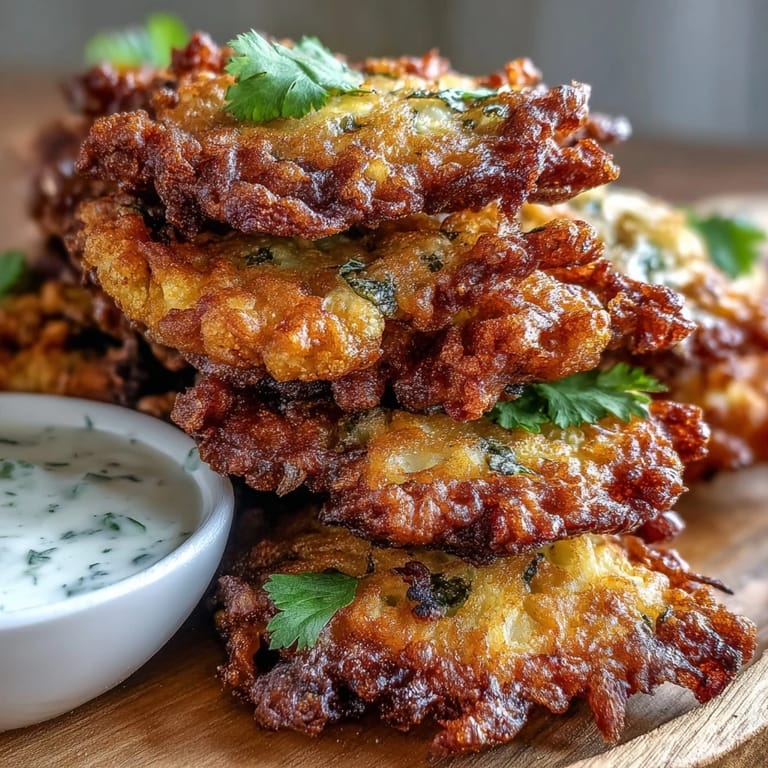 A close-up of freshly fried cauliflower bhajis, their vibrant yellow hue and specks of cilantro shining in the light.