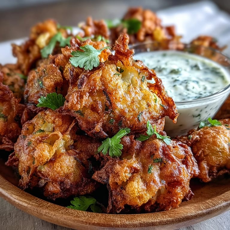 A hand dipping a crunchy cauliflower bhaji into a bowl of creamy, herb-flecked yogurt sauce, perfect for a party appetizer.