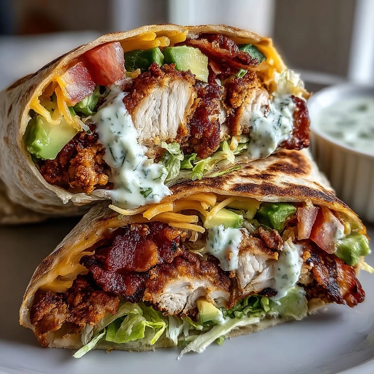 A hand holds a toasted Crispy Chicken Bacon Wrap, dripping with creamy sauce near a bowl of sweet potato fries.