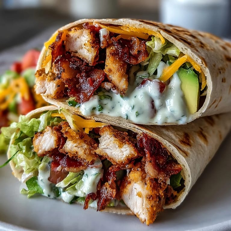 Close-up of a Crispy Chicken Bacon Wrap on a wooden board, showcasing seared chicken, crispy bacon strips, and diced tomatoes.