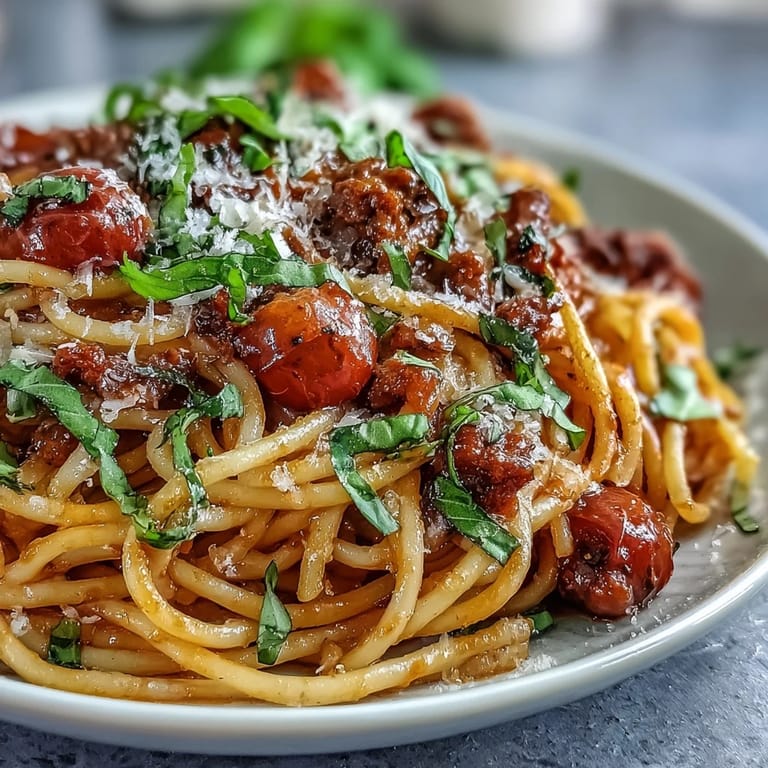 A close-up of Italian Drunken Noodles with plump shrimp, fresh torn basil, and shaved Parmesan served in a rustic white bowl.