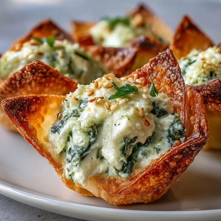 Freshly baked Mediterranean Spinach and Feta Cheese Crisps with wilted spinach and creamy feta in crispy wonton cups.