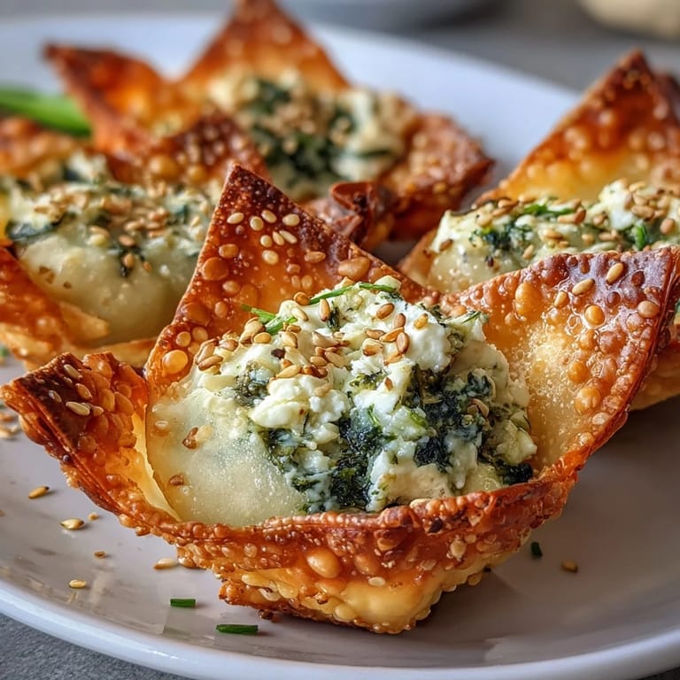 Appetizer platter of Mediterranean Spinach and Feta Cheese Crisps topped with sesame seeds, served on a marble surface.