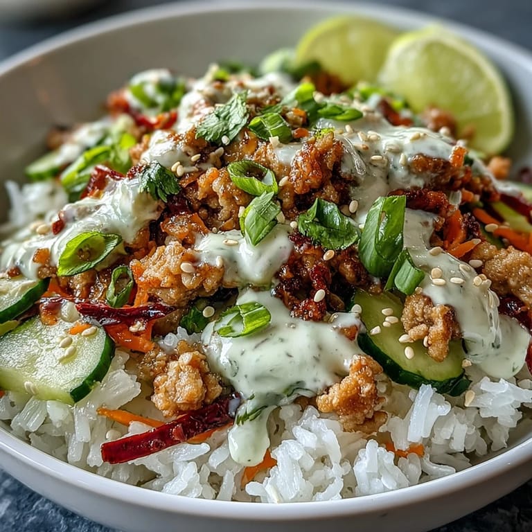 Spoon drizzling creamy bang bang sauce over Bang Bang Ground Turkey Rice Bowls with cilantro and scallions on fluffy rice.