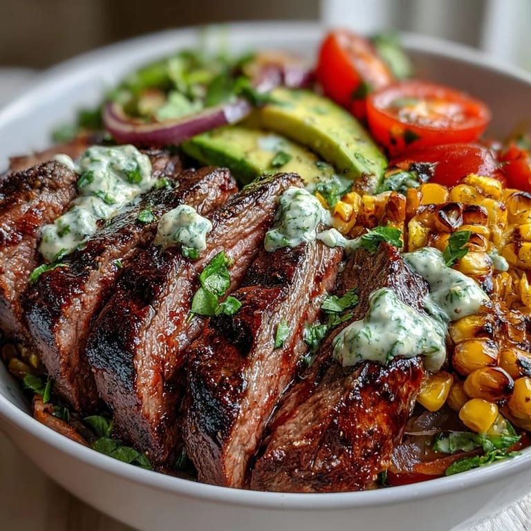 Gluten-free steak and roasted corn bowl featuring avocado, Cotija cheese, and a vibrant green cilantro cream sauce.