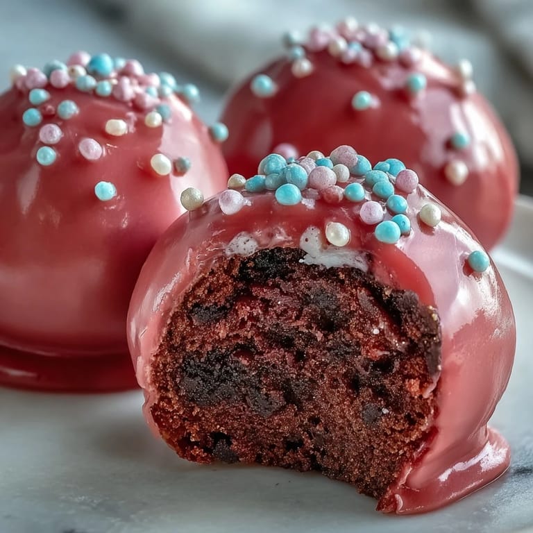 Chilled Oreo Truffle Balls with Pink Candy Coating are sprinkled with edible pearls on a rustic board.