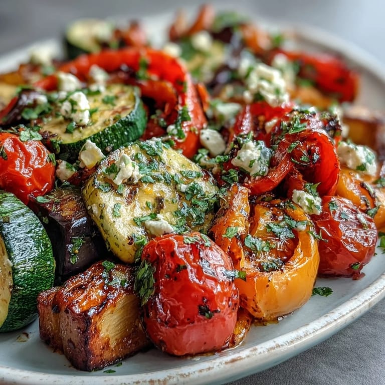 A close-up of Roasted Mediterranean Greek Vegetables, a colorful side dish for grilled chicken or fish.