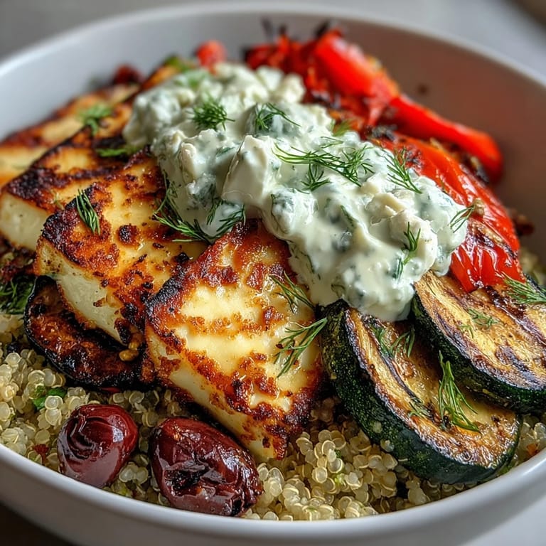 Colorful Healthy Grilled Mediterranean Bowl plated with charred vegetables, golden halloumi, and chickpeas, finished with parsley and a lemon wedge for brightness.