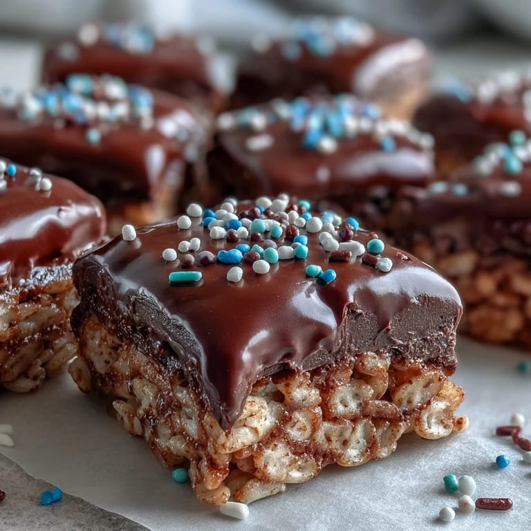 Finger-friendly Chocolate Covered Rice Krispy Treats squares stacked on parchment, ready for parties or bake sales.
