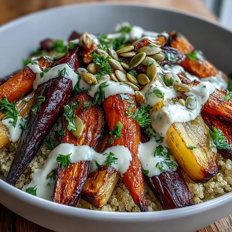 Creamy tahini drizzle is spooned over caramelized root vegetables and quinoa in this vegetarian bowl.
