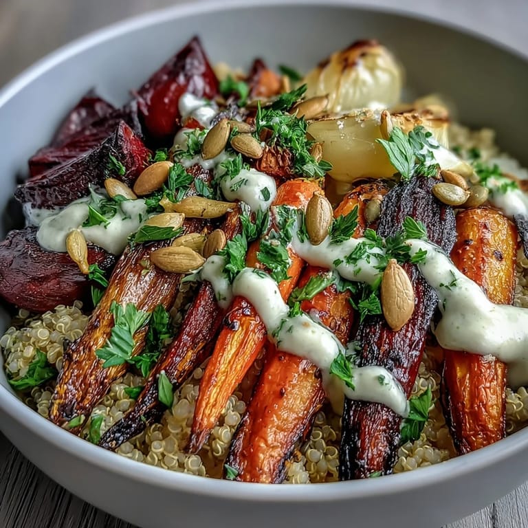 Wholesome roasted root vegetables and quinoa garnished with parsley and seeds, served with tahini sauce.