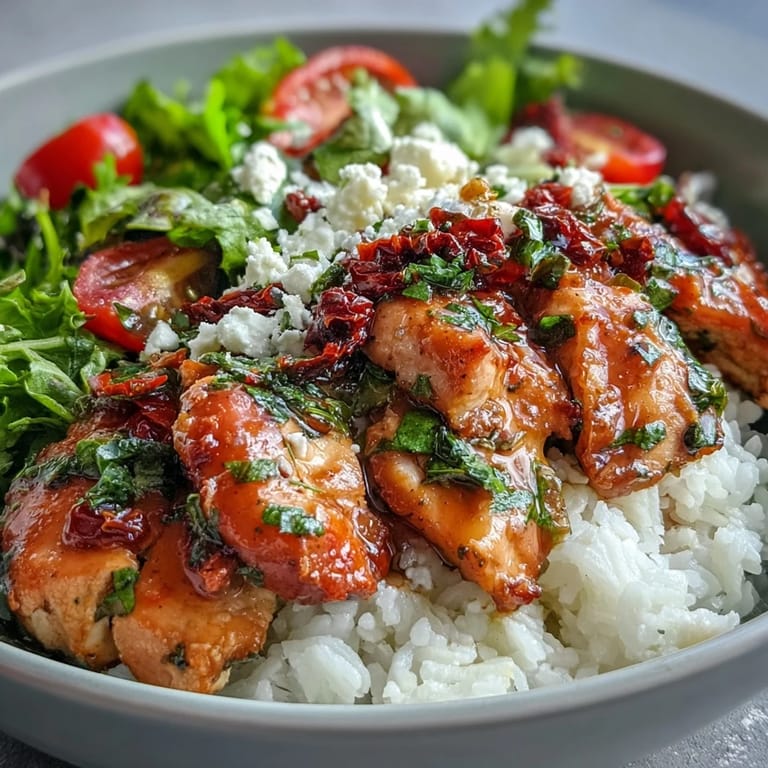 Golden seared chicken with sun-dried tomato marinade served on steamed rice, topped with crisp arugula and cherry tomatoes.