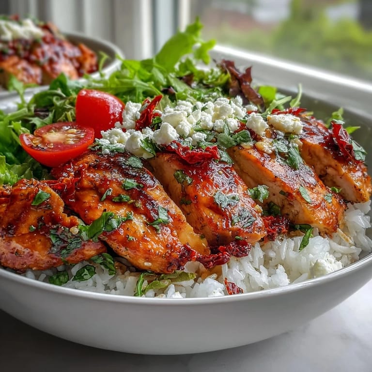 A wholesome Sun-Dried Tomato Chicken Bowl featuring tender chicken slices, fluffy rice, and a colorful medley of fresh vegetables.
