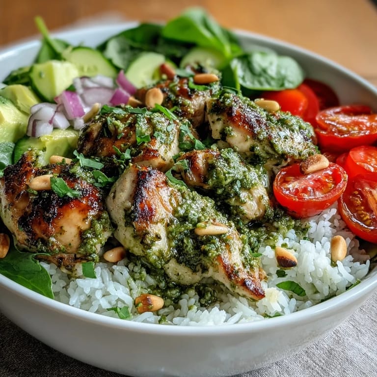 Colorful Pesto Chicken Bowl featuring vibrant pesto chicken, diced tomatoes, cucumber, avocado, and greens.