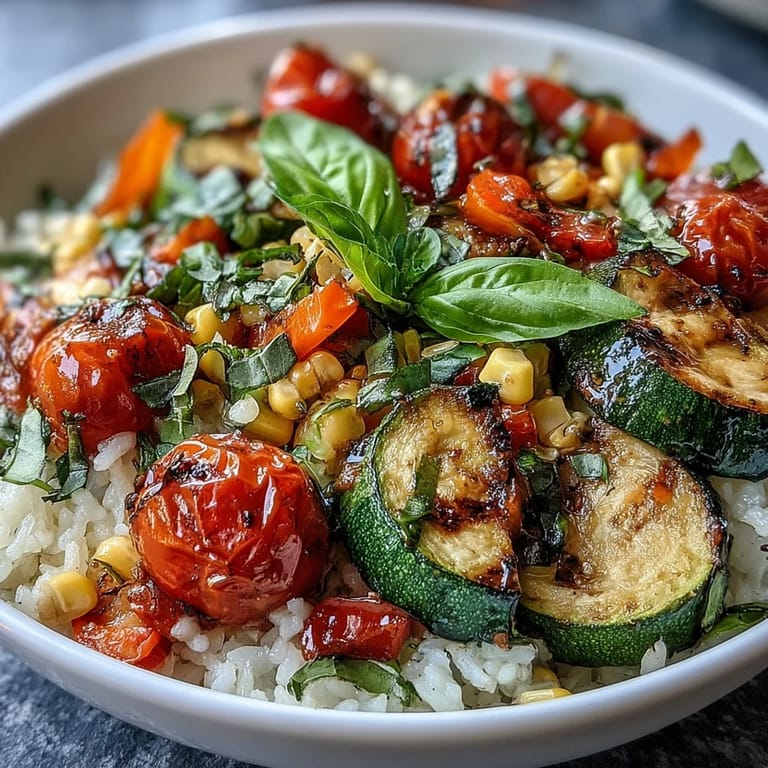 Summer Vegetable Bowl with juicy tomatoes and colorful bell peppers served warm with a lemony finish.
