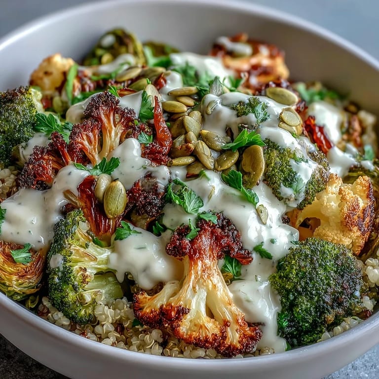 A hearty Roasted Brassica Bowl featuring warm grains, crisp-tender roasted veggies, and a zesty tahini-lemon sauce, ideal for a healthy dinner.