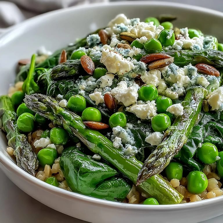 Freshly prepared Spring Green Bowl with green beans, spinach, and feta toppings, perfect for a light, wholesome weeknight dinner.