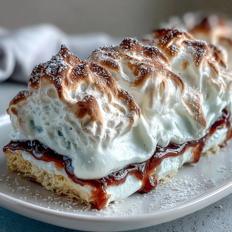 Homemade Brazo Gitano topped with torched meringue, glistening under warm kitchen lighting for a party spread.