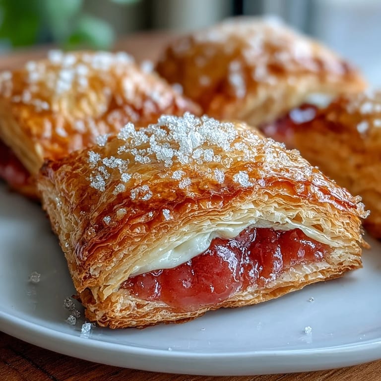 A close-up of Guava and Cream Cheese Pastelitos reveals a sweet guava filling and creamy cheese oozing from the crimped pastry edges.