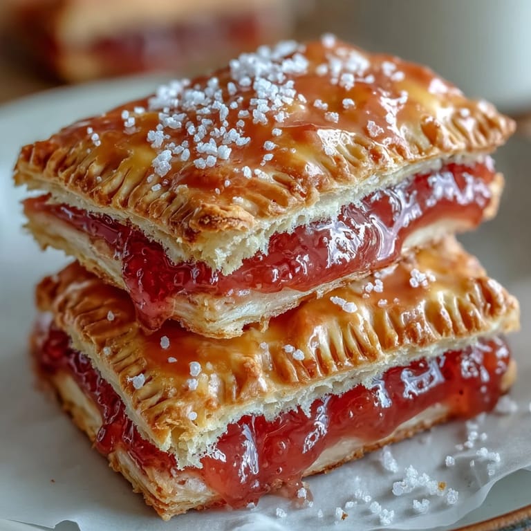 Close-up of a Guava Cheese Pop Tart broken open to show the soft cream cheese and bright guava filling, served on a white plate.