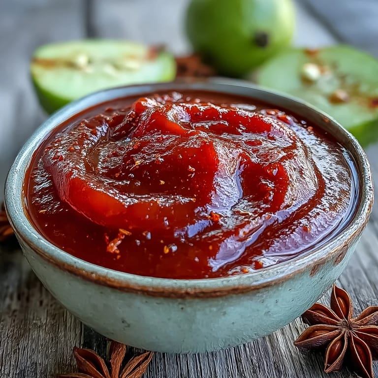 Thick, glossy Guava BBQ Sauce From Scratch simmering in a cast-iron pot with a wooden spoon, featuring visible spices like paprika and cumin.