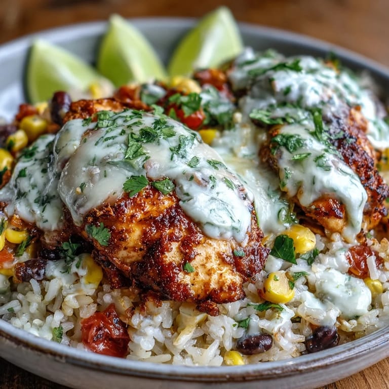 Skillet of Pollo Loco Mexican Chicken and Rice with Queso, topped with bubbly queso, cilantro, and fresh lime wedges.