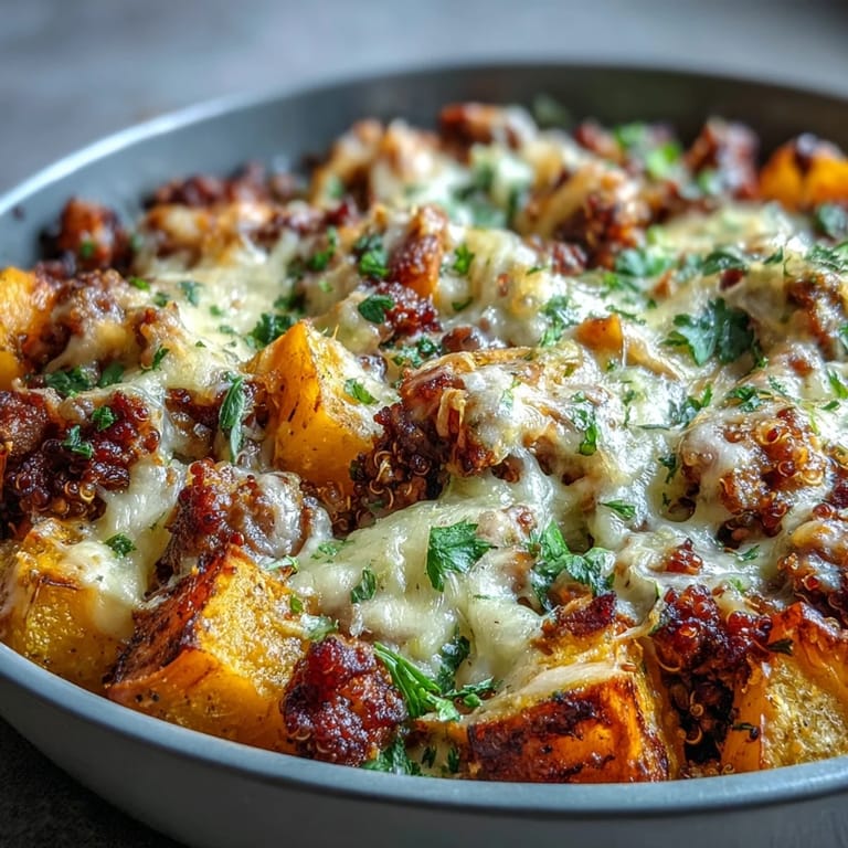 A close-up of the Cozy Butternut Squash & Sausage Casserole reveals a rich, hearty texture with wilted spinach and golden Parmesan cheese crust.